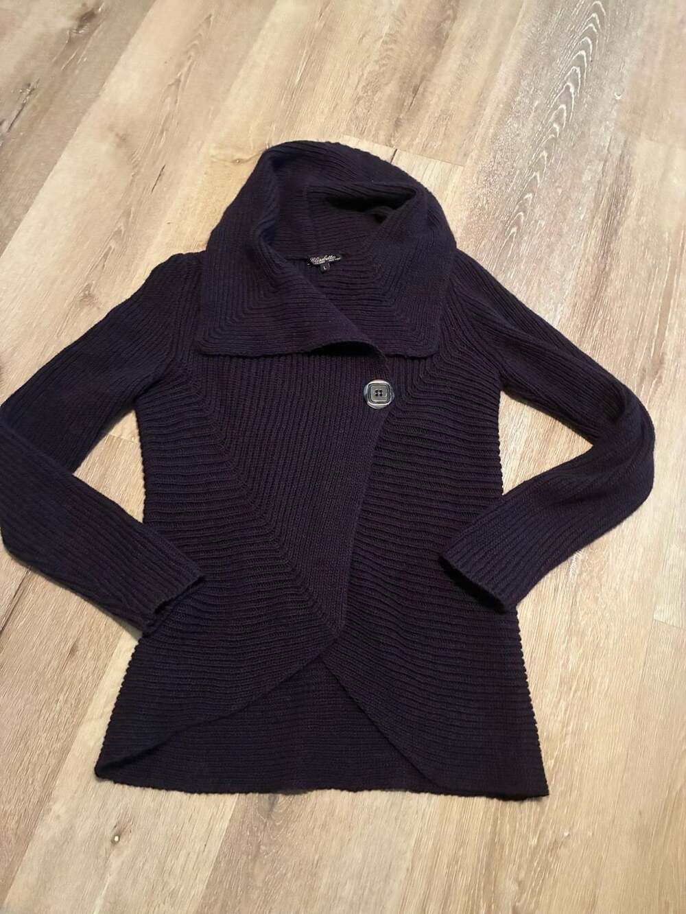 Elisabetta Purple Ribbed Cowl Neck Cardigan Sweater with Single Button Closure S